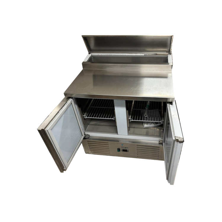 Hamoki PS200 2 Door Refrigerated Pizza Prep -  Saladette Counter - 5 x GN1/6 Gastronorm Well And Lid - Stainless Steel 215ltr