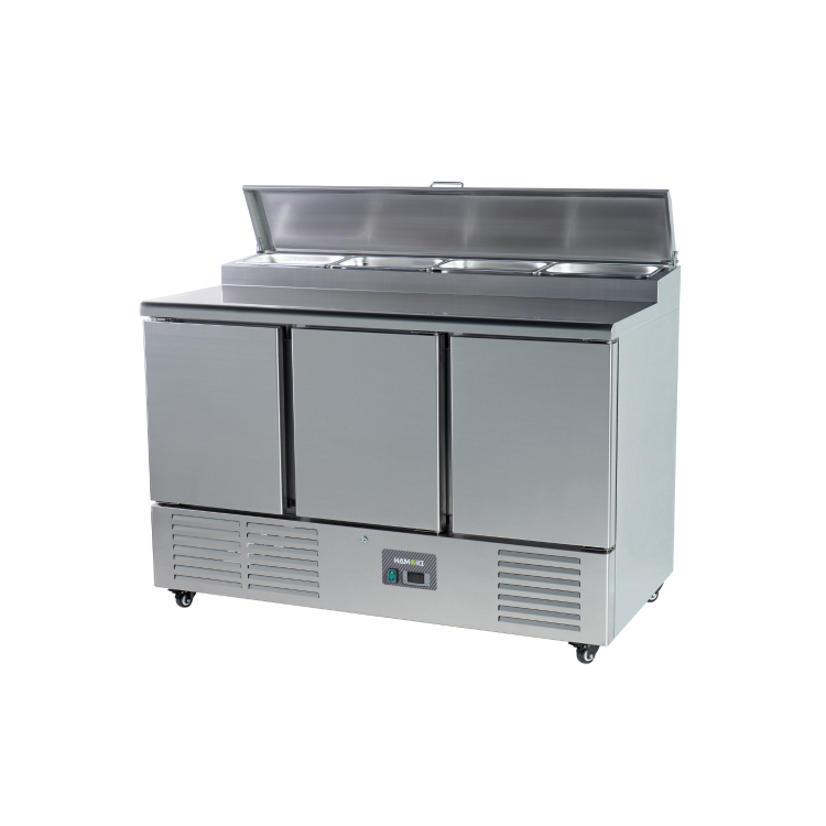 Hamoki PS300 3 Door Refrigerated Salad - Pizza Prep Counter With 8 x GN1/6 Gastronorm Well And Lid 346ltr