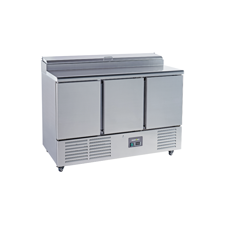 Hamoki PS300 3 Door Refrigerated Salad - Pizza Prep Counter With 8 x GN1/6 Gastronorm Well And Lid 346ltr