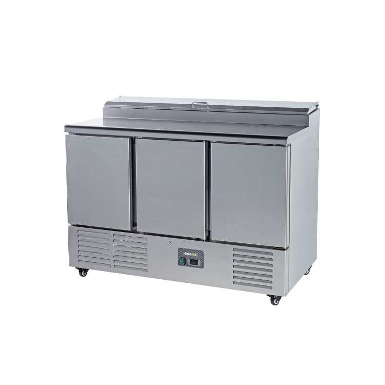 Hamoki PS300 3 Door Refrigerated Salad - Pizza Prep Counter With 8 x GN1/6 Gastronorm Well And Lid 346ltr