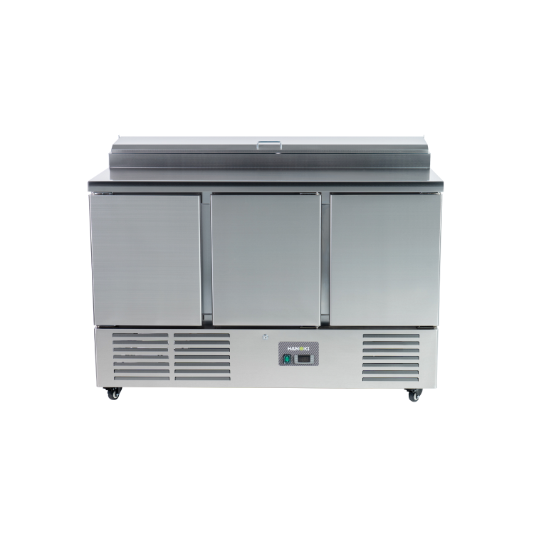 Hamoki PS300 3 Door Refrigerated Salad - Pizza Prep Counter With 8 x GN1/6 Gastronorm Well And Lid 346ltr