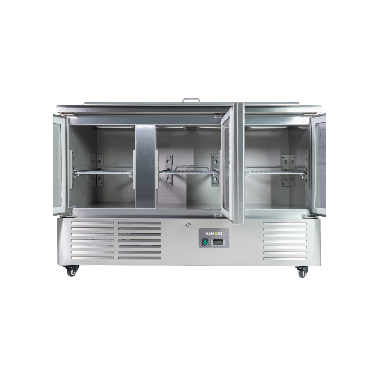 Hamoki PS300 3 Door Refrigerated Salad - Pizza Prep Counter With 8 x GN1/6 Gastronorm Well And Lid 346ltr