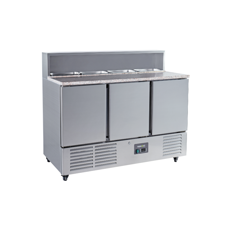 Hamoki PS903 3 Door Refrigerated Pizza Prep - Saladette Counter With 8 x GN1/6 Gastronorm Well and Granite Worktop 346ltr
