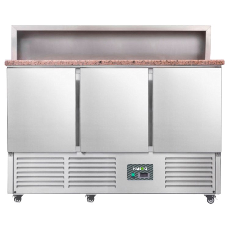 Hamoki PS903 3 Door Refrigerated Pizza Prep - Saladette Counter With 8 x GN1/6 Gastronorm Well and Granite Worktop 346ltr
