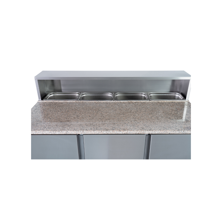 Hamoki PS903 3 Door Refrigerated Pizza Prep - Saladette Counter With 8 x GN1/6 Gastronorm Well and Granite Worktop 346ltr
