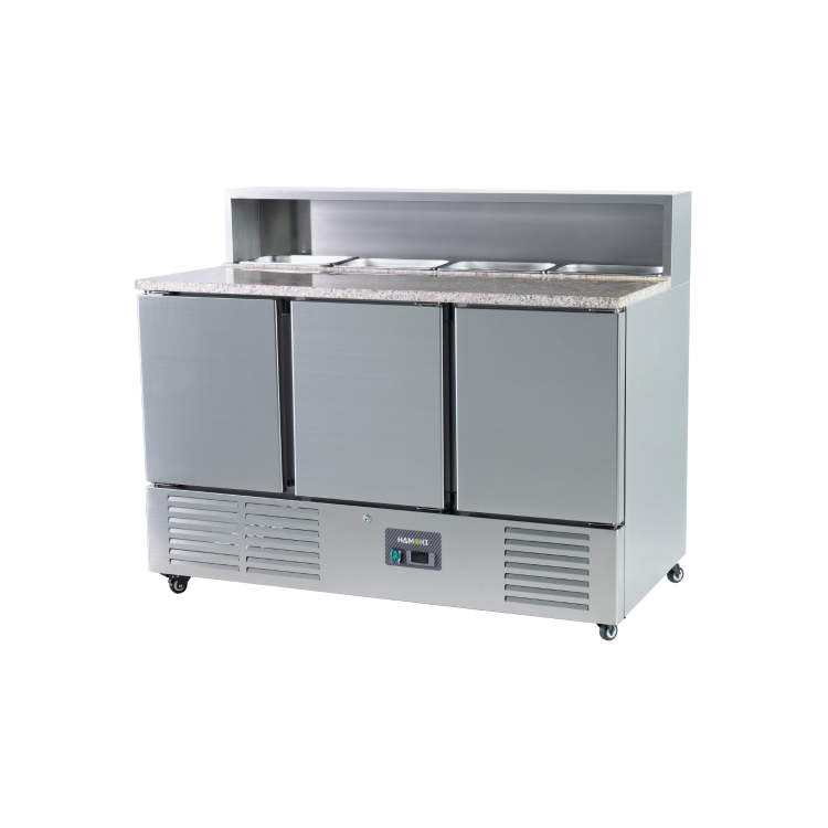 Hamoki PS903 3 Door Refrigerated Pizza Prep - Saladette Counter With 8 x GN1/6 Gastronorm Well and Granite Worktop 346ltr