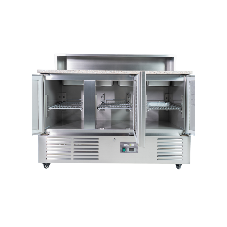 Hamoki PS903 3 Door Refrigerated Pizza Prep - Saladette Counter With 8 x GN1/6 Gastronorm Well and Granite Worktop 346ltr