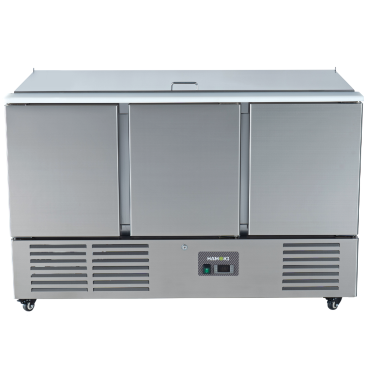 Hamoki S903 3 Door Refrigerated Saladette  Prep Counter 4 x 1/1 GN Top. Lift Up Lid And Polyethylene Cutting Board 346ltr
