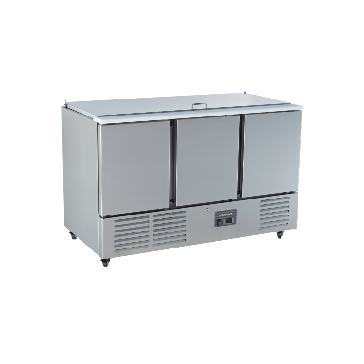 Hamoki S903 3 Door Refrigerated Salad Prep Counter 4 x 1/1 GN Top Stainless Steel Lid And Polyethylene Cutting Board 346ltr
