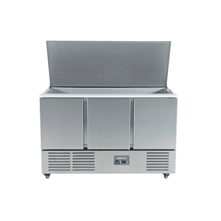Hamoki S903 3 Door Refrigerated Salad Prep Counter 4 x 1/1 GN Top Stainless Steel Lid And Polyethylene Cutting Board 346ltr
