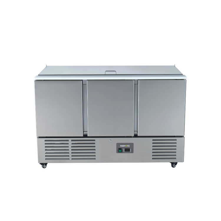 Hamoki S903 3 Door Refrigerated Salad Prep Counter 4 x 1/1 GN Top Stainless Steel Lid And Polyethylene Cutting Board 346ltr
