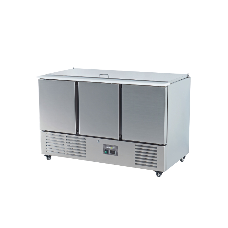 Hamoki S903 3 Door Refrigerated Salad Prep Counter 4 x 1/1 GN Top Stainless Steel Lid And Polyethylene Cutting Board 346ltr