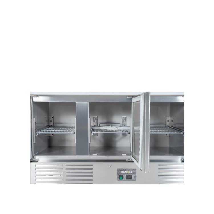 Hamoki S903 3 Door Refrigerated Salad Prep Counter 4 x 1/1 GN Top Stainless Steel Lid And Polyethylene Cutting Board 346ltr