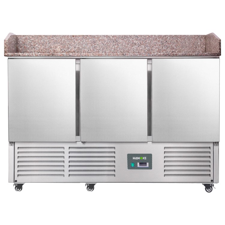Hamoki PZ903 - 3 Door Refrigerated Pizza Prep - Saladette Counter with Granite Worktop and Castors - 346ltr