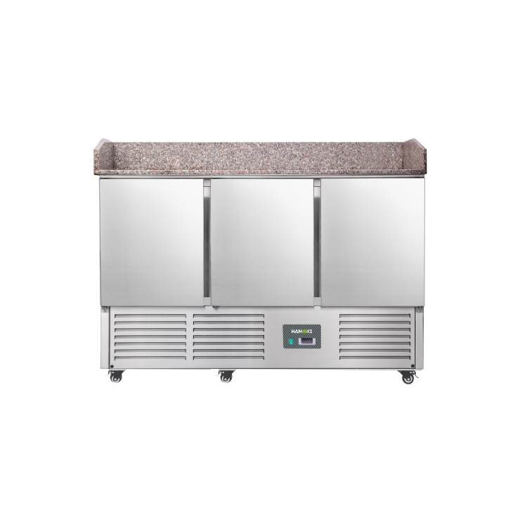 Hamoki PZ903 - 3 Door Refrigerated Salad - Pizza Prep Counter with Granite Worktop and Castors - 346ltr
