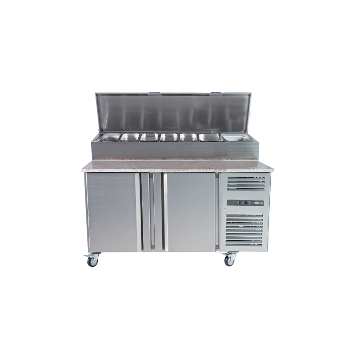 Hamoki SH2000/800M - 2 Door Refrigerated Pizza Prep / Sandwich Counter with Granite Worktop and Gastronorm Well for 4 x 1/3GN and 2 x 1/2GN Pans - Fitted Castors - 800mm Deep - 435ltr