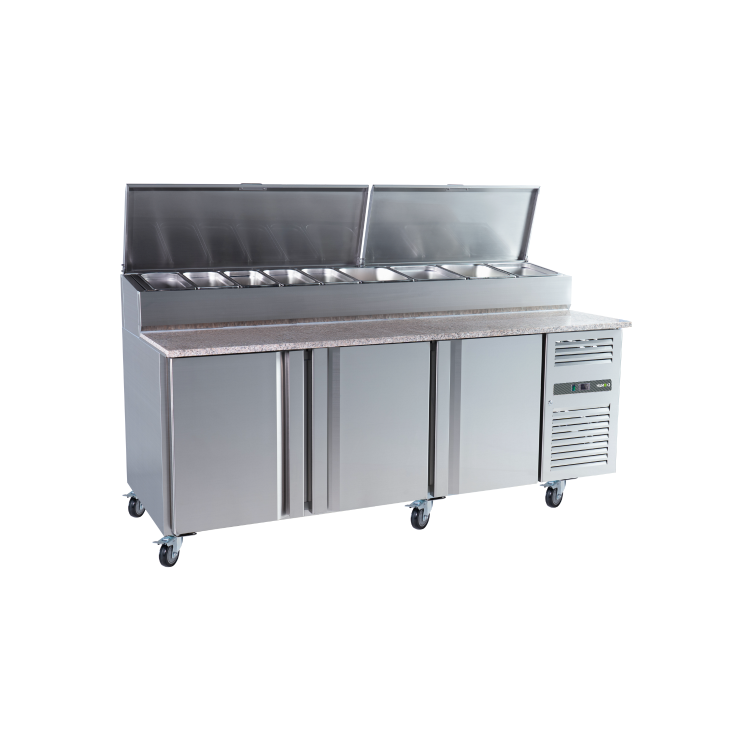 Hamoki SH3000/800M - 3 Door Refrigerated Pizza Prep / Sandwich Counter with Granite Worktop and Gastronorm Well for 10 x 1/3GN Pans - Fitted Castors - 800mm Deep - 650ltr