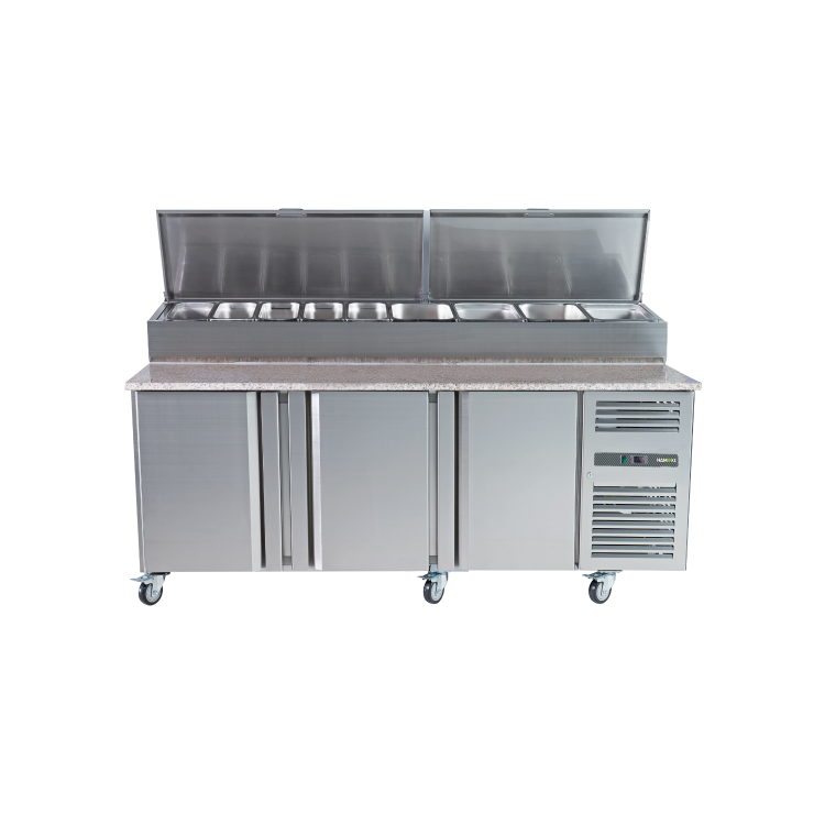 Hamoki SH3000/800M - 3 Door Refrigerated Pizza Prep / Sandwich Counter with Granite Worktop and Gastronorm Well for 10 x 1/3GN Pans - Fitted Castors - 800mm Deep - 650ltr