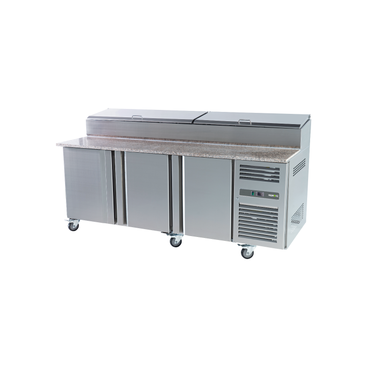 Hamoki SH3000/800M - 3 Door Refrigerated Pizza Prep / Sandwich Counter with Granite Worktop and Gastronorm Well for 10 x 1/3GN Pans - Fitted Castors - 800mm Deep - 650ltr