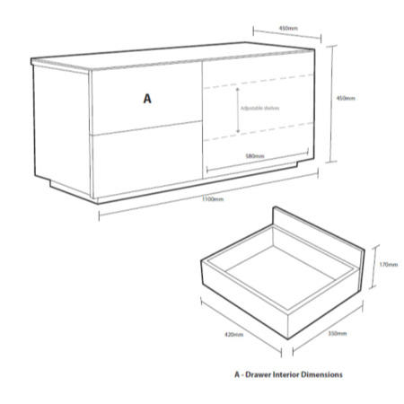 Paris Gloss Black TV Cabinet 110x50x45mm 2 drawers Side Cupboards with hidden Shelves Up to 42 Inch 