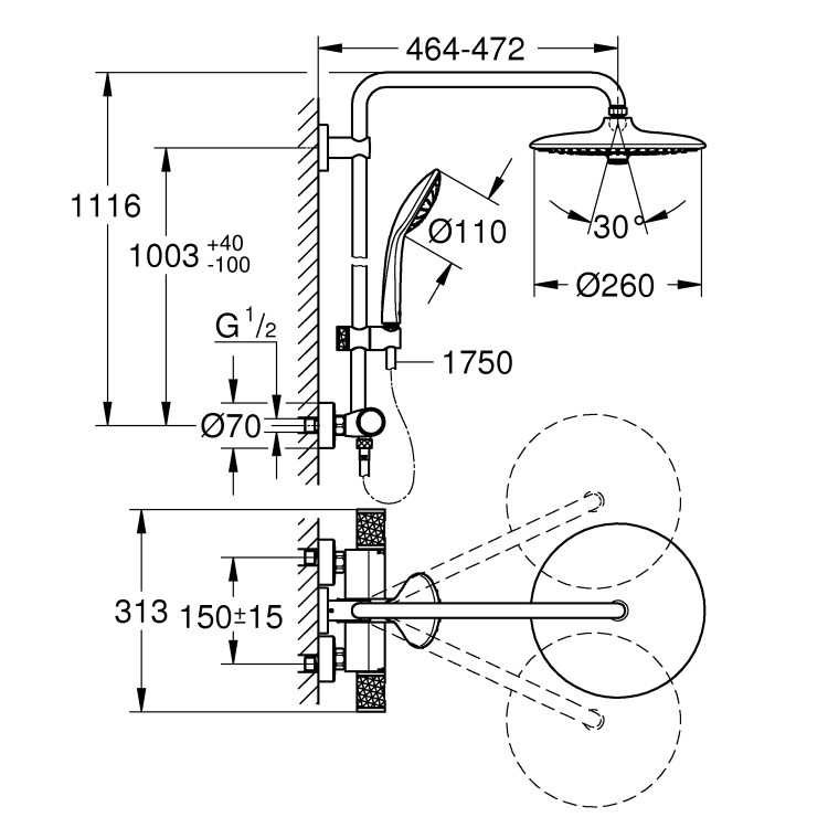 Chrome Thermostatic Mixer Shower System - Grohe Vitalio Joy