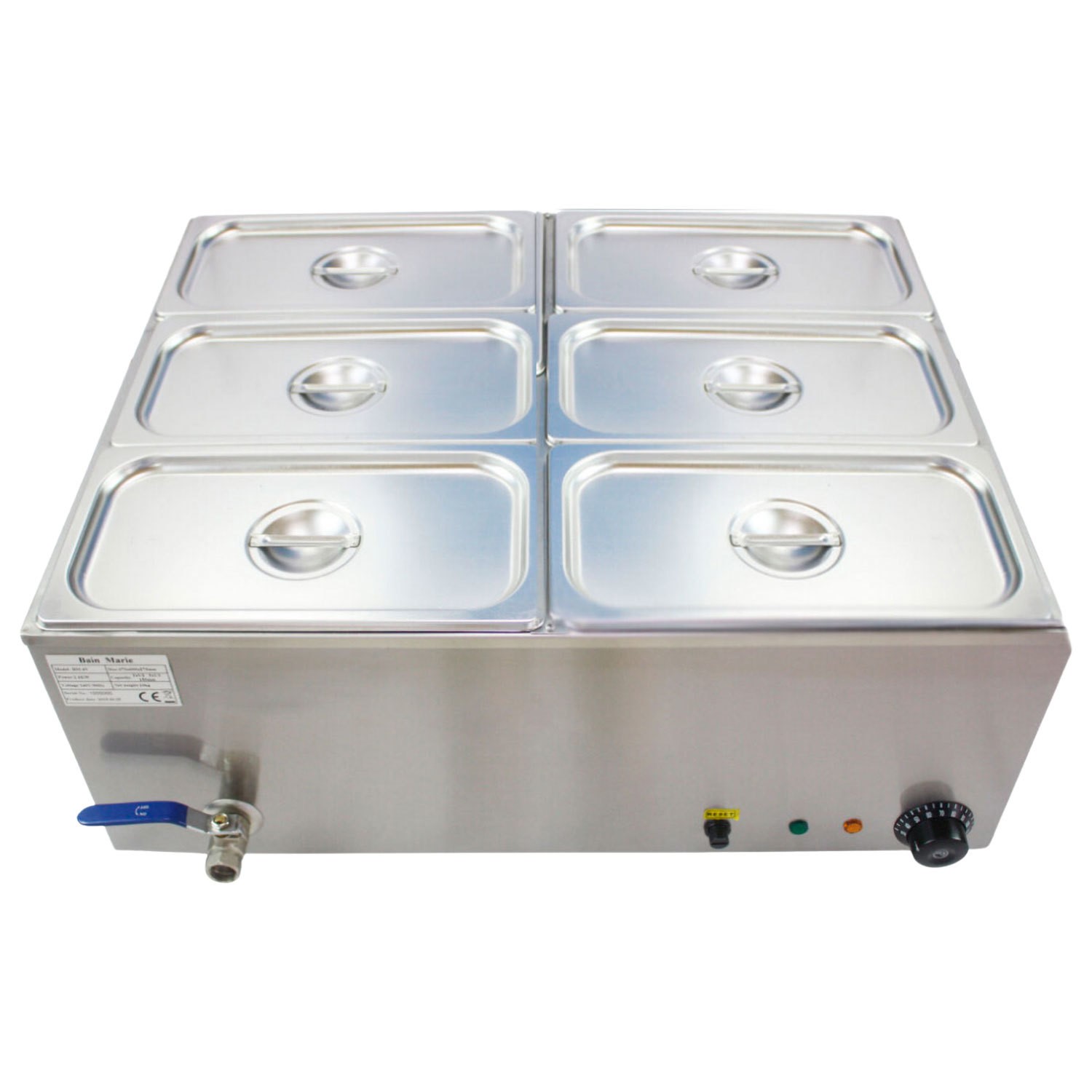 Hamoki Commercial Wet Heat Bain Marie With Lids 6 X 1/3 Gn 150Mm Deep 13A Plug-In Bm-V4 291008