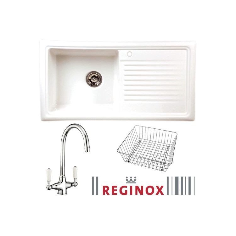 GRADE A2 - Reginox RL304CW/CWB10/ELBE RL304 Reversible 1 Bowl White Ceramic Sink & Elbe Chrome With White Levers Tap Pack