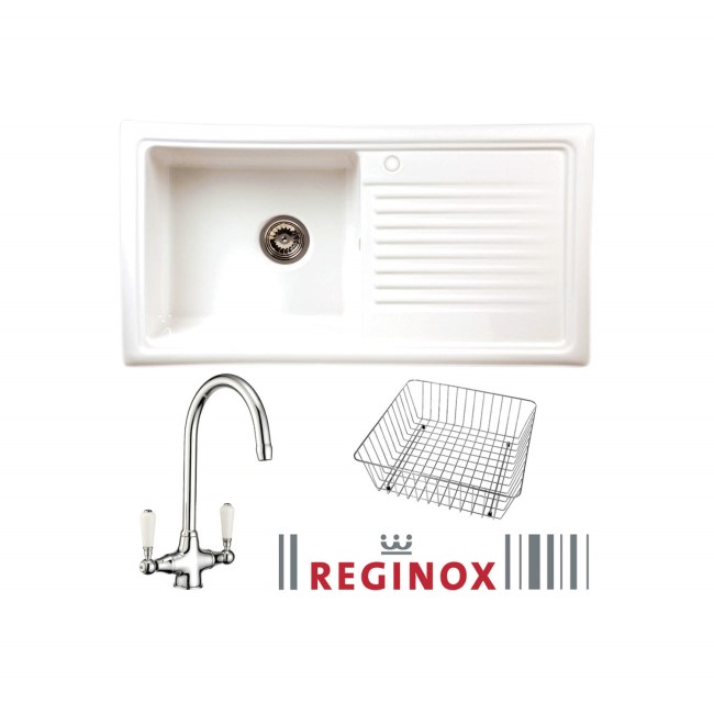 Reginox RL304CW/CWB10/ELBE RL304 Reversible 1 Bowl White Ceramic Sink & Elbe Chrome With White Levers Tap Pack