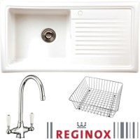 GRADE A2 - Reginox RL304CW/CWB10/ELBE RL304 Reversible 1 Bowl White Ceramic Sink & Elbe Chrome With White Levers Tap Pack
