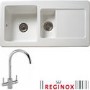 Reginox RL501CW/GENESISWH Reversible 1.5 Bowl White Ceramic Sink And Genesis Chrome With White Levers Tap Pack