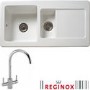Reginox RL501 Reversible 1.5 Bowl White Ceramic Sink & Genesis Chrome With White Levers Tap Pack