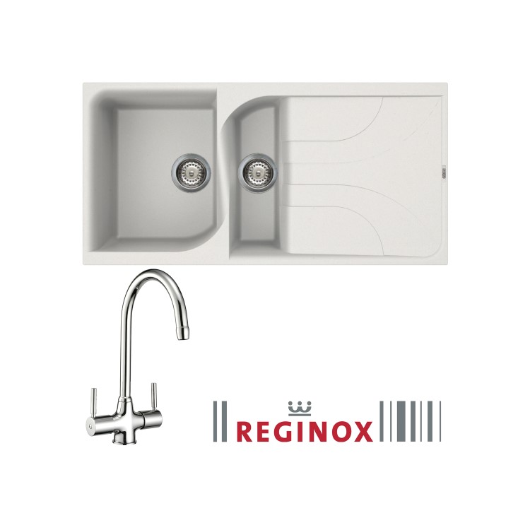 Reginox EGO475W/THAMES EGO475 Reversible 1.5 Bowl White Regi-Granite Composite Sink & Thames Chrome Tap Pack