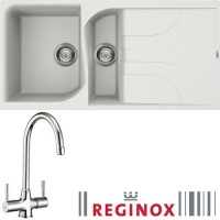 Reginox EGO475W/THAMES EGO475 Reversible 1.5 Bowl White Regi-Granite Composite Sink & Thames Chrome Tap Pack