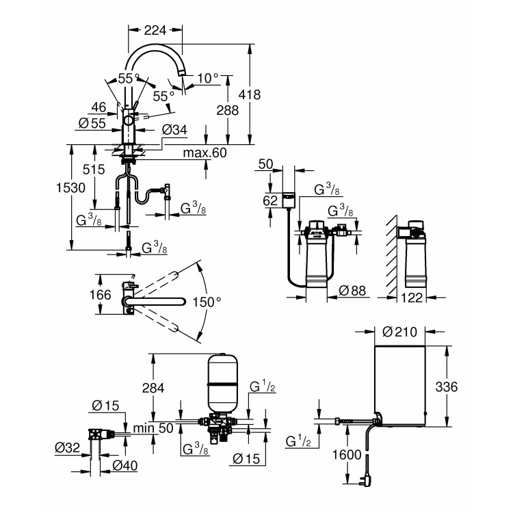 Grohe Red Duo Chrome Instant Boiling Water Tap with M Size Boiler 