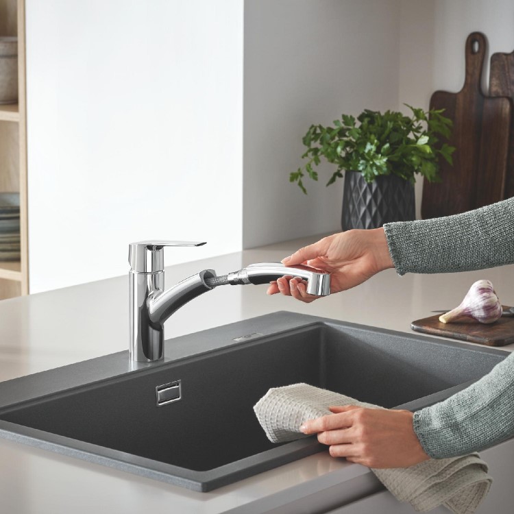 Grohe Start Quick Fix Single Lever Pull Out Monobloc Kitchen Mixer Tap - Chrome