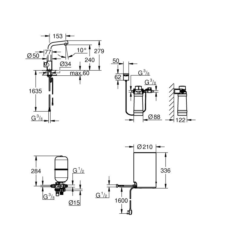 GRADE A1 - Grohe Chrome Red Mono B-Spout Single Lever Instant Boiling Water Tap with M Size Boiler
