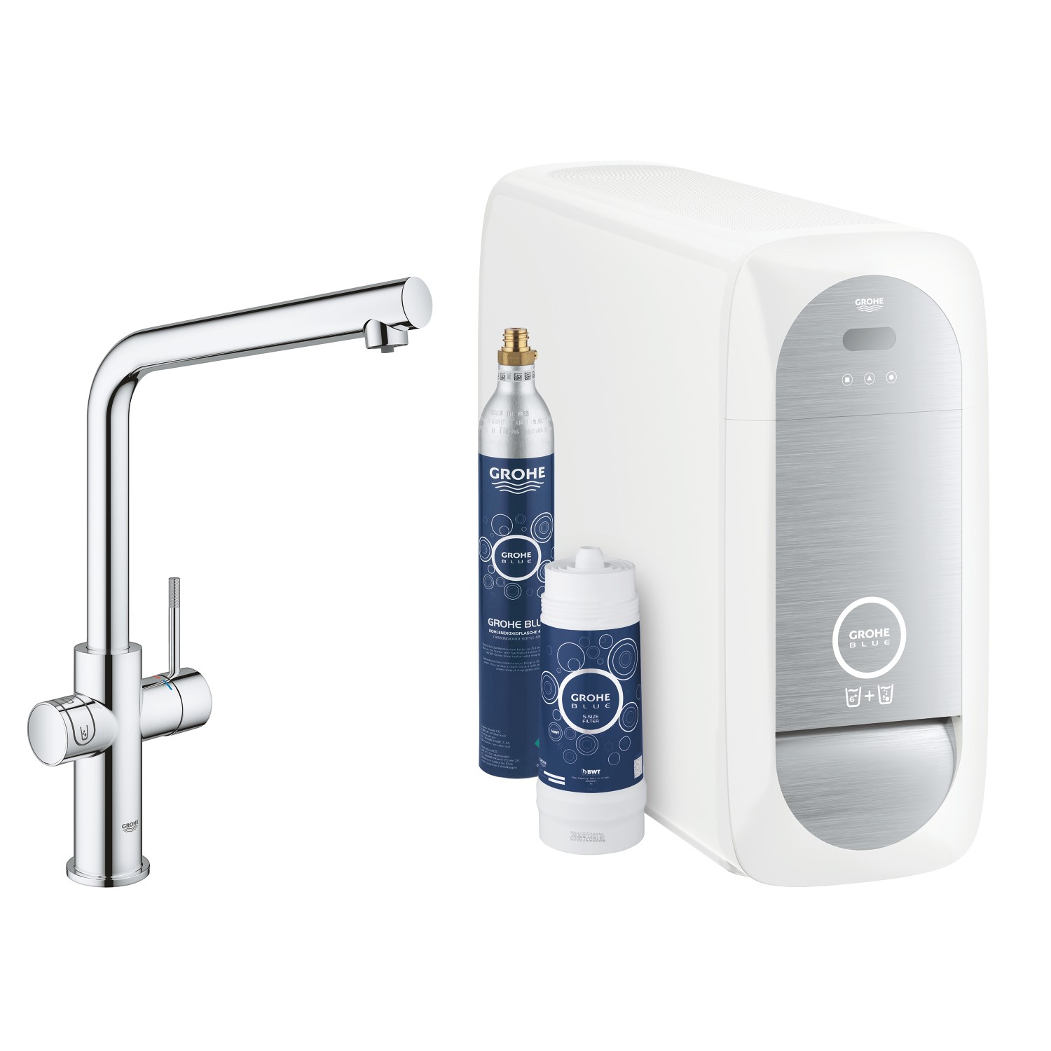 Grohe Chrome Blue Home L-Spout Single Lever Home Duo Starter Kitchen Tap Kit
