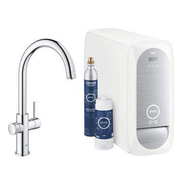 Grohe Chrome Blue C-Spout Single Lever Home Duo Starter Kitchen Tap Kit