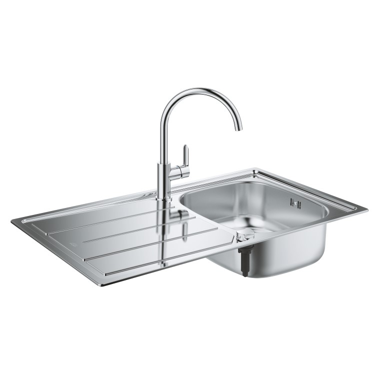Grohe Bau Single Bowl Stainless Steel Chrome Kitchen Sink & Tap Bundle
