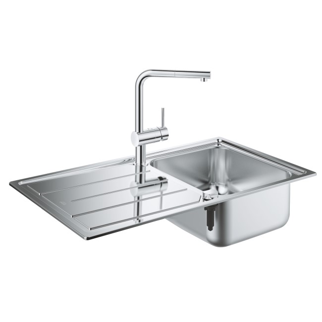 Single Bowl Stainless Steel Kitchen Sink & Tap with Reversible Drainer - Grohe Minta