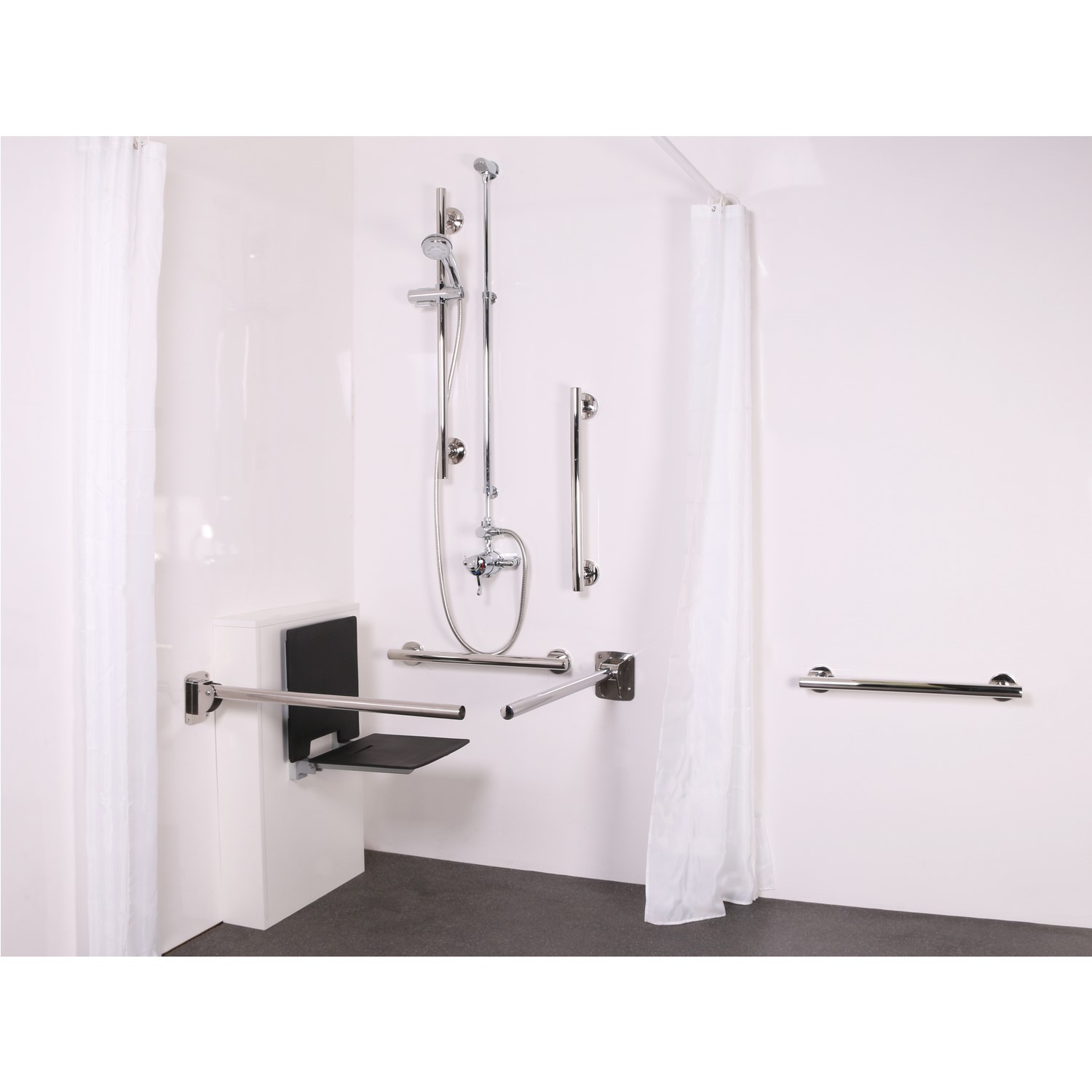 Exposed valve Doc M shower pack stainless steel luxury grab rails slimline shower seat polished