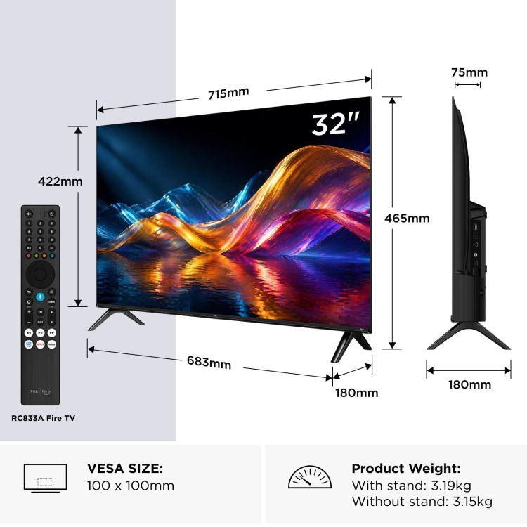TCL 32V5D-UK 32 Inch QLED Full HD Smart Fire TV  HDR10 Dolby Audio & Alexa Built-In