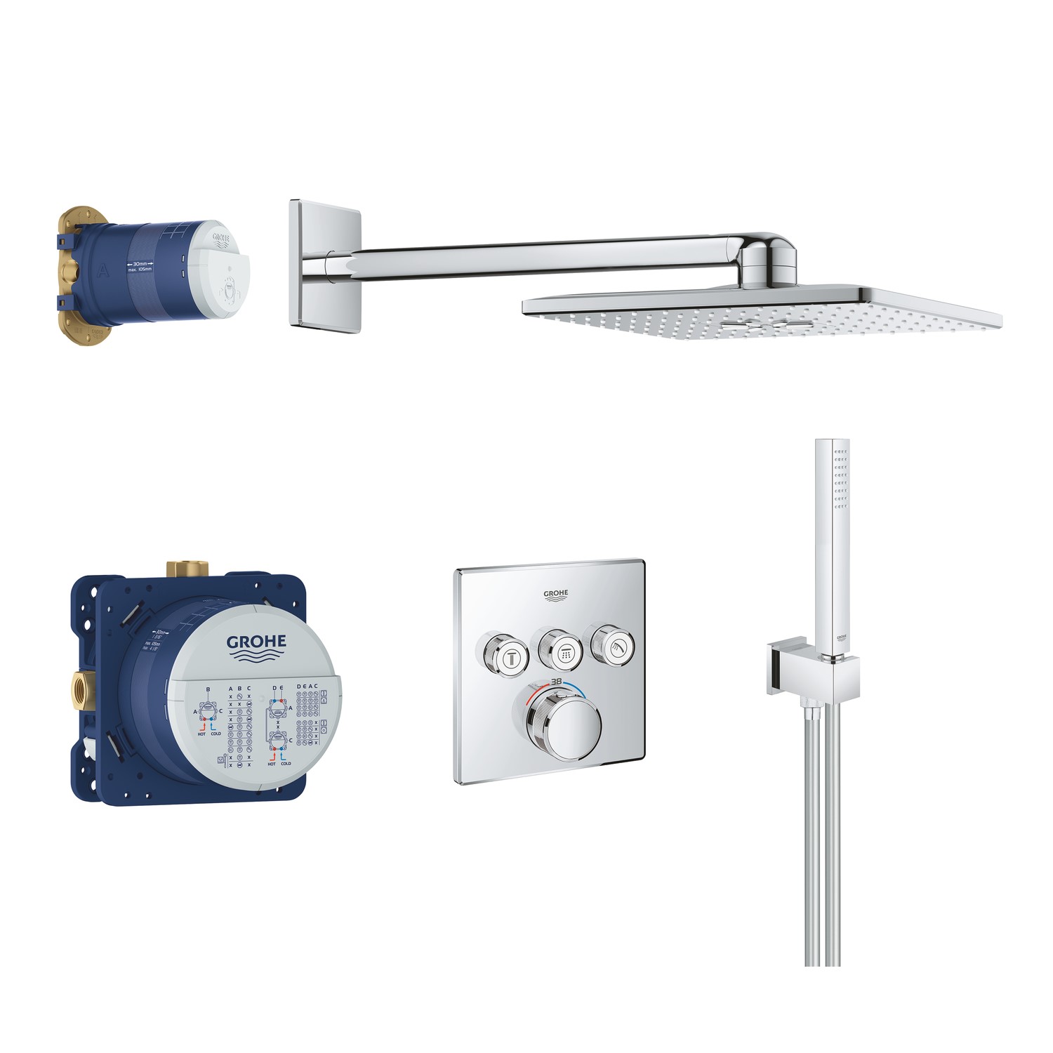 Grohe Grohtherm Concealed Thermostatic Mixer Shower with Square Wall Mounted Shower Head & Pencil Ha