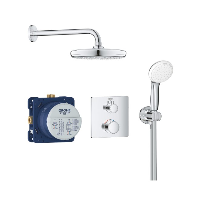 Grohe Tempesta 210 Chrome Concealed Shower Mixer with Dual Control & Round Wall Mounted Head and Hand Shower with Square Valve