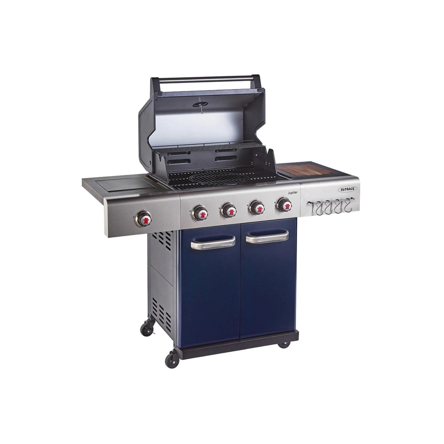 Outback Jupiter – 4 Burner Gas Hybrid BBQ Grill with Side Burner – Blue