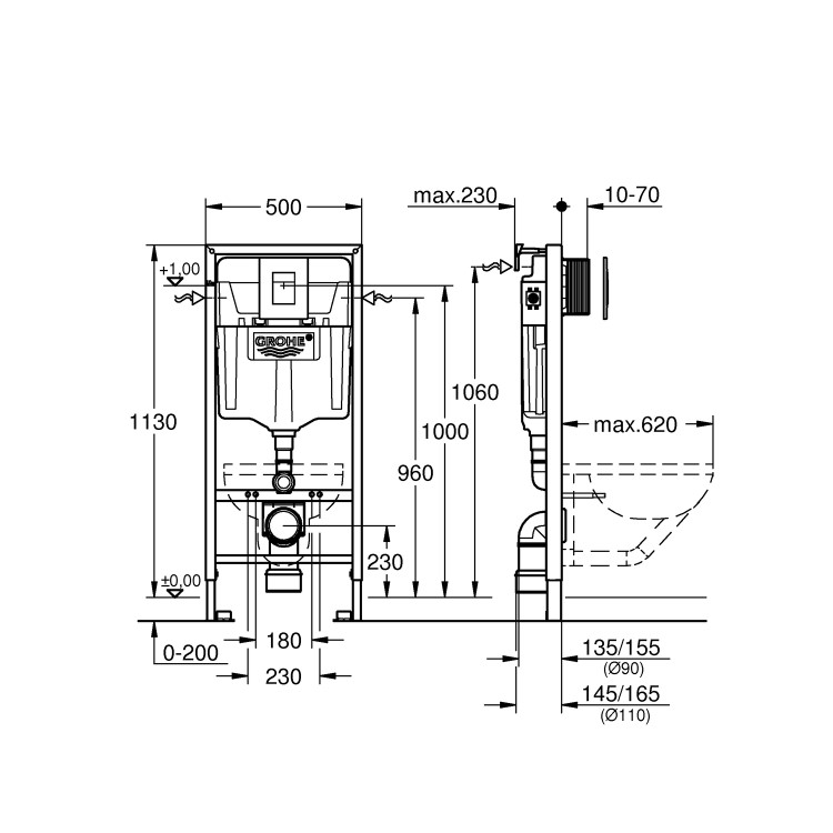 GRADE A1 - Grohe Rapid SL 1.13m 3 in 1 Set Support Frame for Wall Hung WC - 38772001