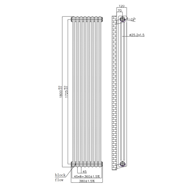 Reina Colona Raw Metal Vertical 3 Column Radiator - 1800 x 380mm