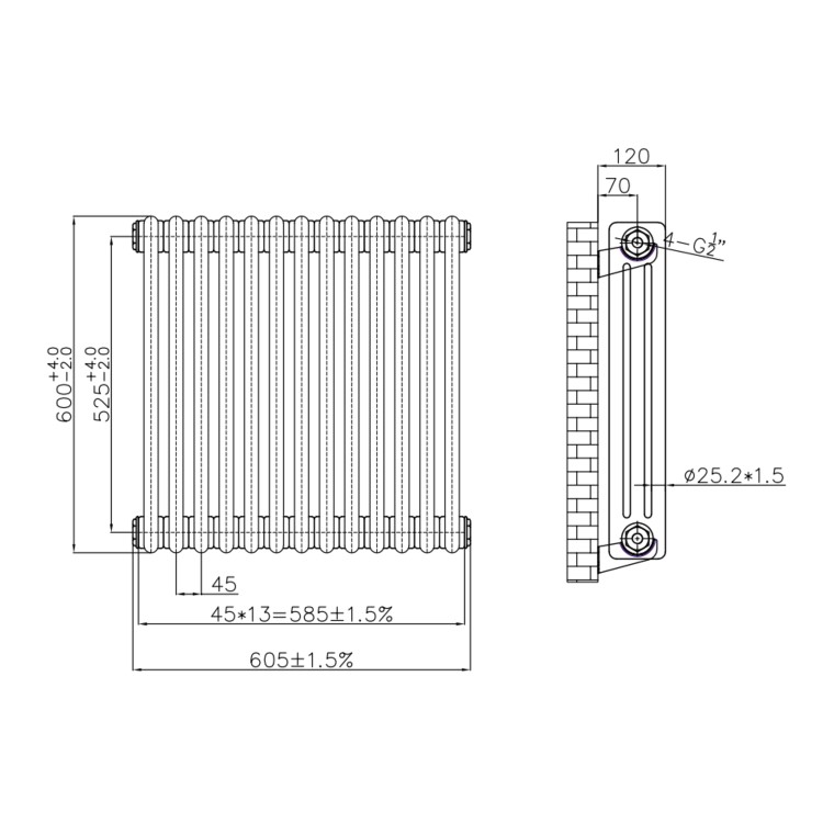 Reina Colona Raw Metal Horizontal 3 Column Radiator - 600 x 605mm