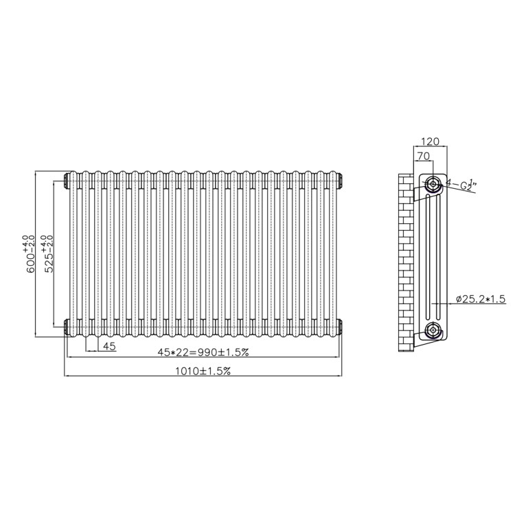 Reina Colona Raw Metal Horizontal 3 Column Radiator - 600 x 1010mm