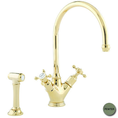 Perrin And Rowe 4365PF Minoan Biflow Mixer Tap with Crosshead Handles and Rinse in Pewter